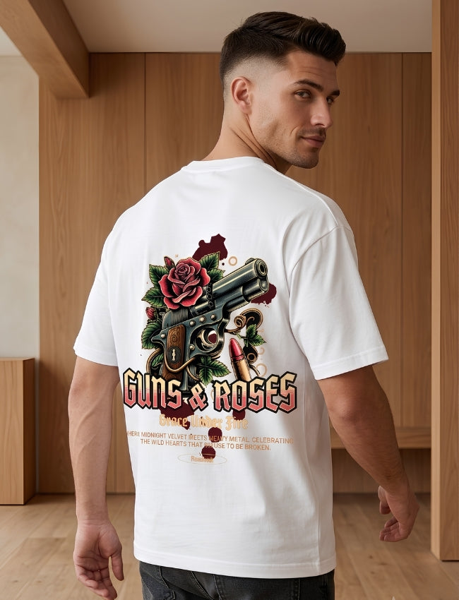 Guns & Roses Graphic Oversized Tee - Back graphic with pistol, roses and gothic typography