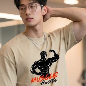 Gym T-Shirt for Men – Muscle Hustle Beige Oversized Tee | Navalook