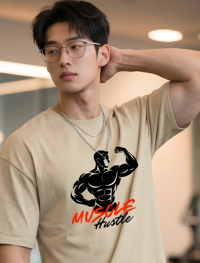 Gym T-Shirt for Men - Muscle Hustle Beige Oversized Tee | Navalook
