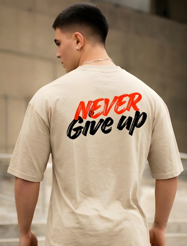 Gym T-Shirt for Men - Muscle Hustle Beige Oversized Tee | Navalook