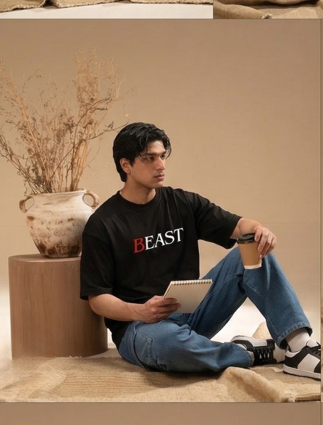 Beast Printed Black Oversized T-shirt for Men