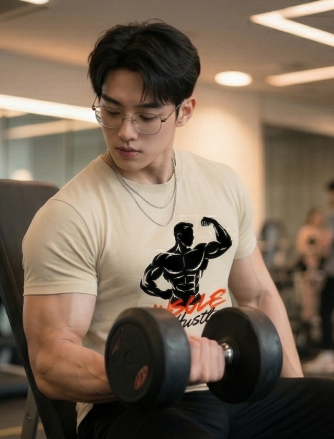 Gym T-Shirt for Men - Muscle Hustle Beige Oversized Tee | Navalook