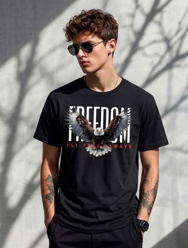 Men’s Black Freedom Eagle Graphic T-Shirt – Premium Cotton Streetwear Tee