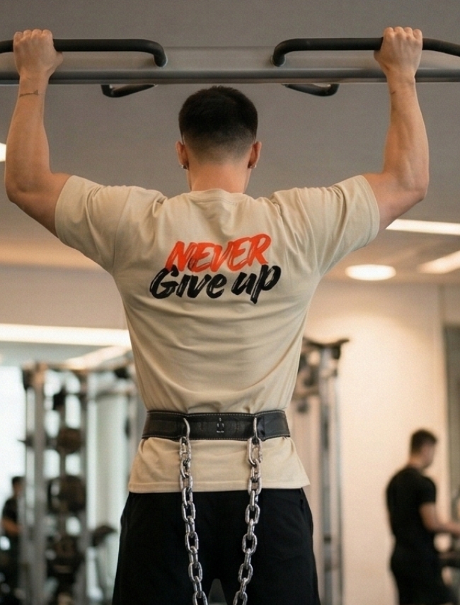 Gym T-Shirt for Men - Muscle Hustle Beige Oversized Tee | Navalook