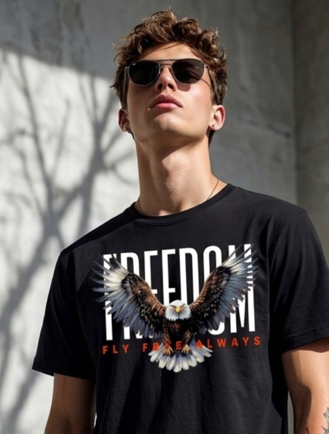 Men’s Black Freedom Eagle Graphic T-Shirt – Premium Cotton Streetwear Tee