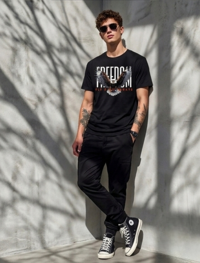 Men’s Black Freedom Eagle Graphic T-Shirt – Premium Cotton Streetwear Tee