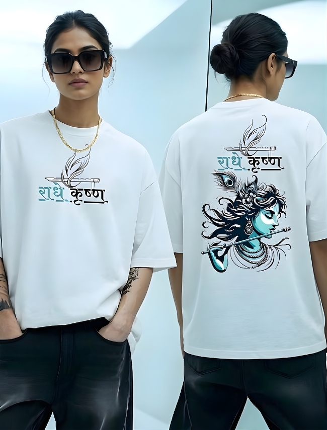Radhe Krishna Divine Oversized Graphic T-Shirt Girls