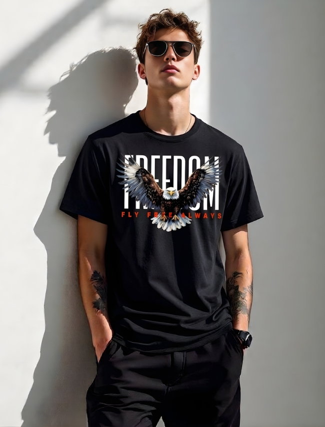 Men’s Black Freedom Eagle Graphic T-Shirt – Premium Cotton Streetwear Tee