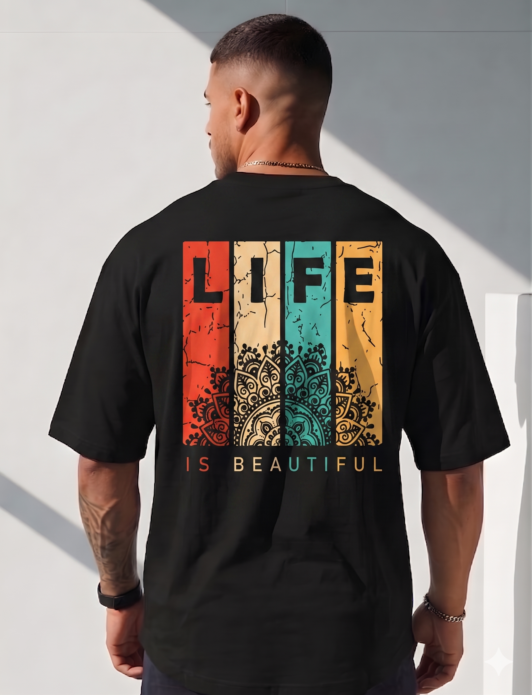 Life is Beautiful retro mandala T-shirt for men