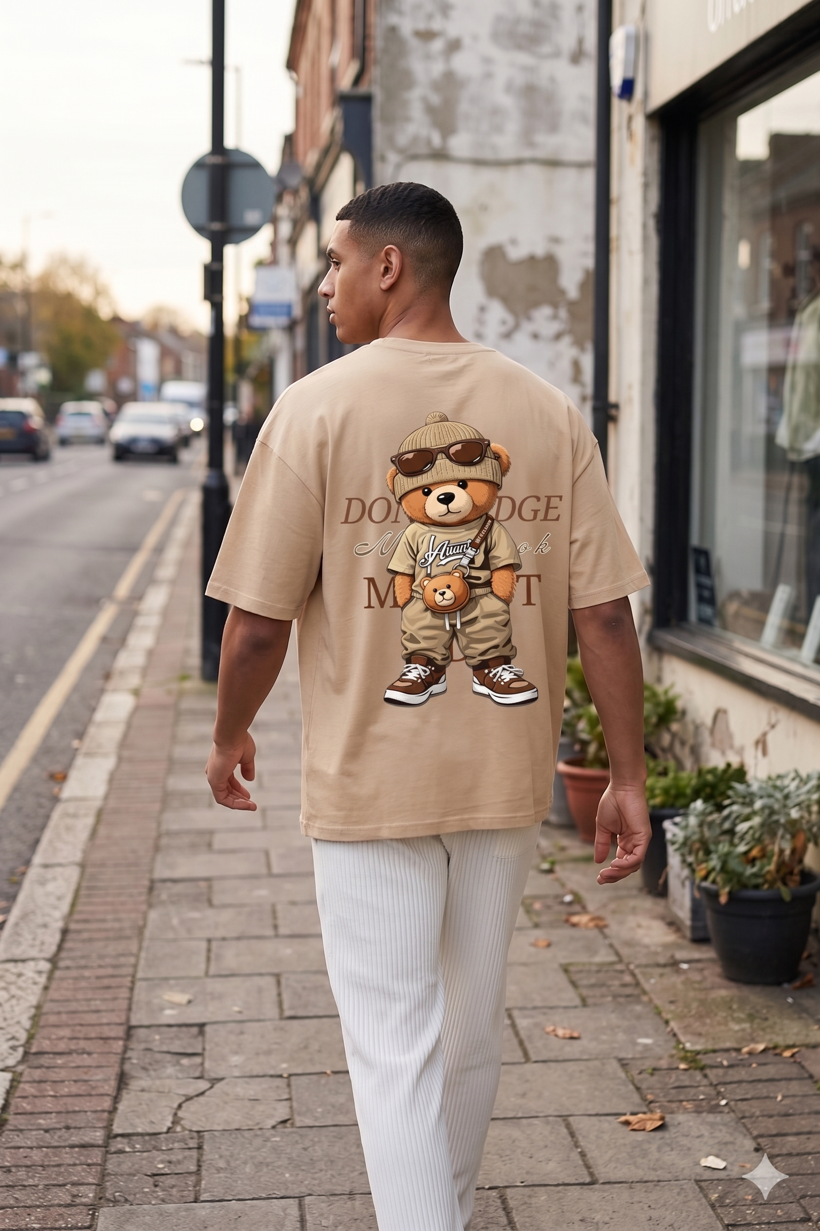 Man wearing a Navalook beige oversized t-shirt with a teddy bear graphic walking on a city street