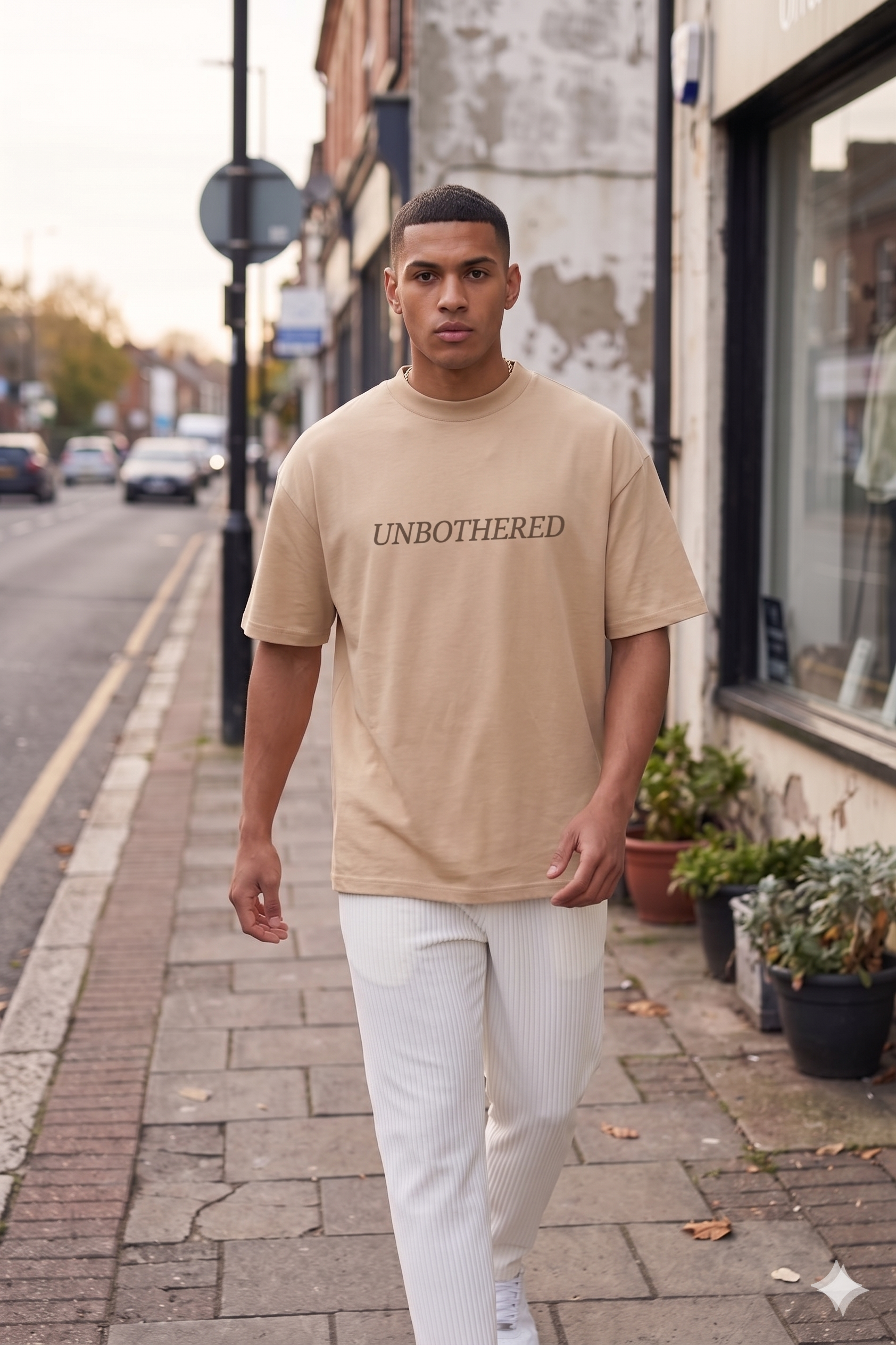 Man wearing a Navalook beige oversized t-shirt with a teddy bear graphic walking on a city street