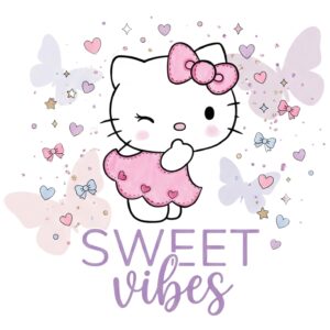 Girl wearing oversized Sweet Vibes Hello Kitty t-shirt by Navalook