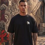 Indian model wearing Navalook black dragon oversized t-shirt