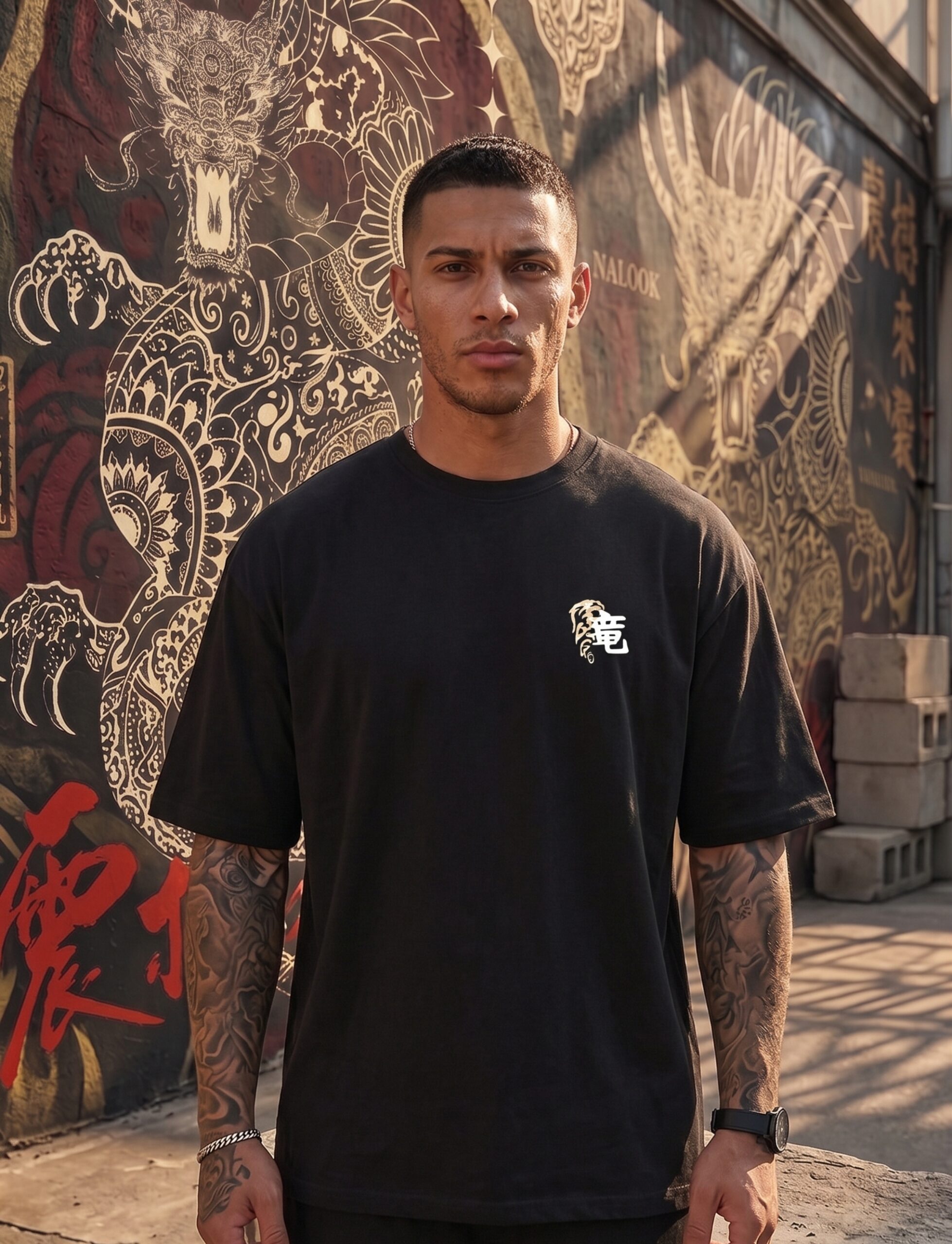 Indian model wearing Navalook black dragon oversized t-shirt