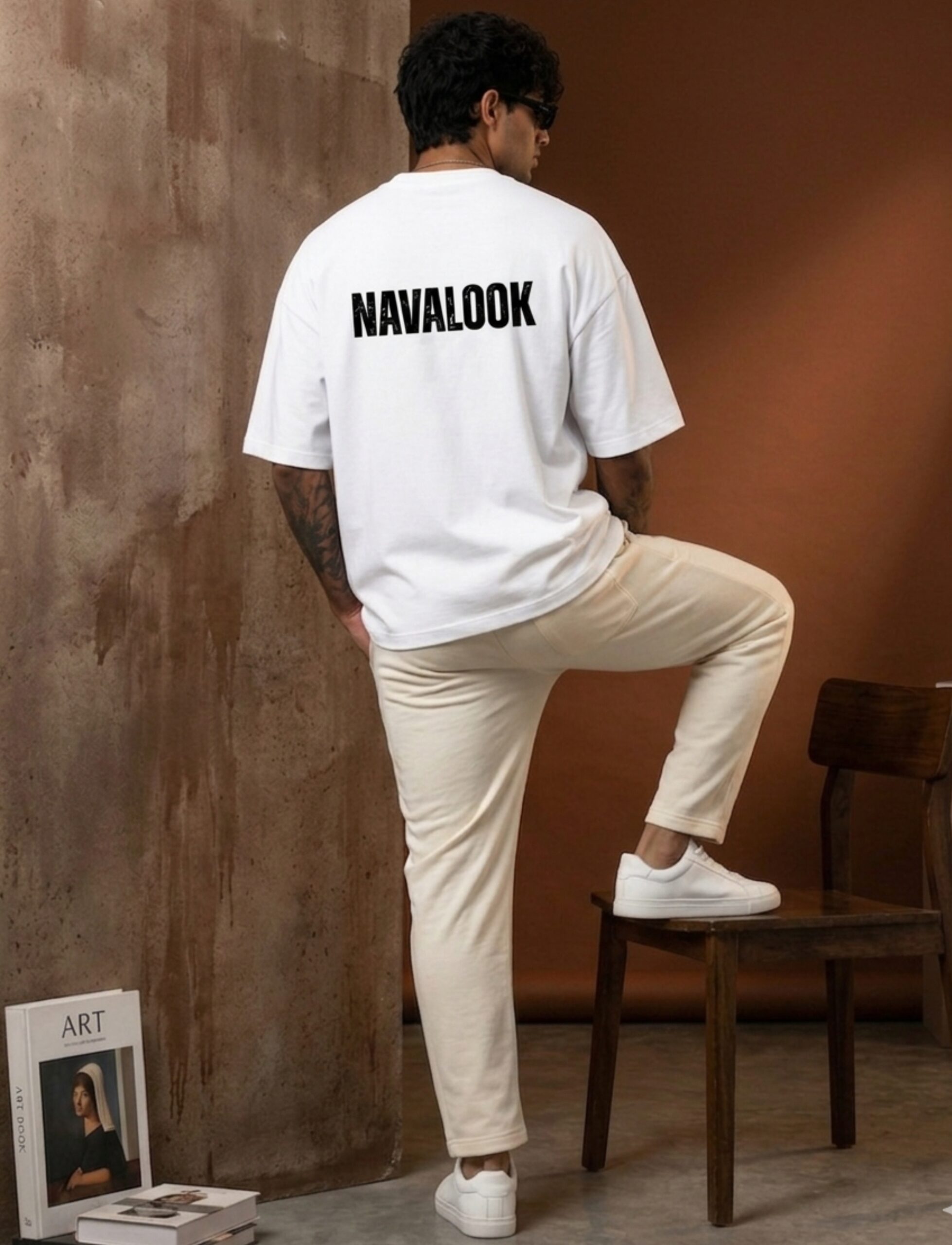 Navalook Everything Will Be OK white oversized terry cotton tshirt sitting pose