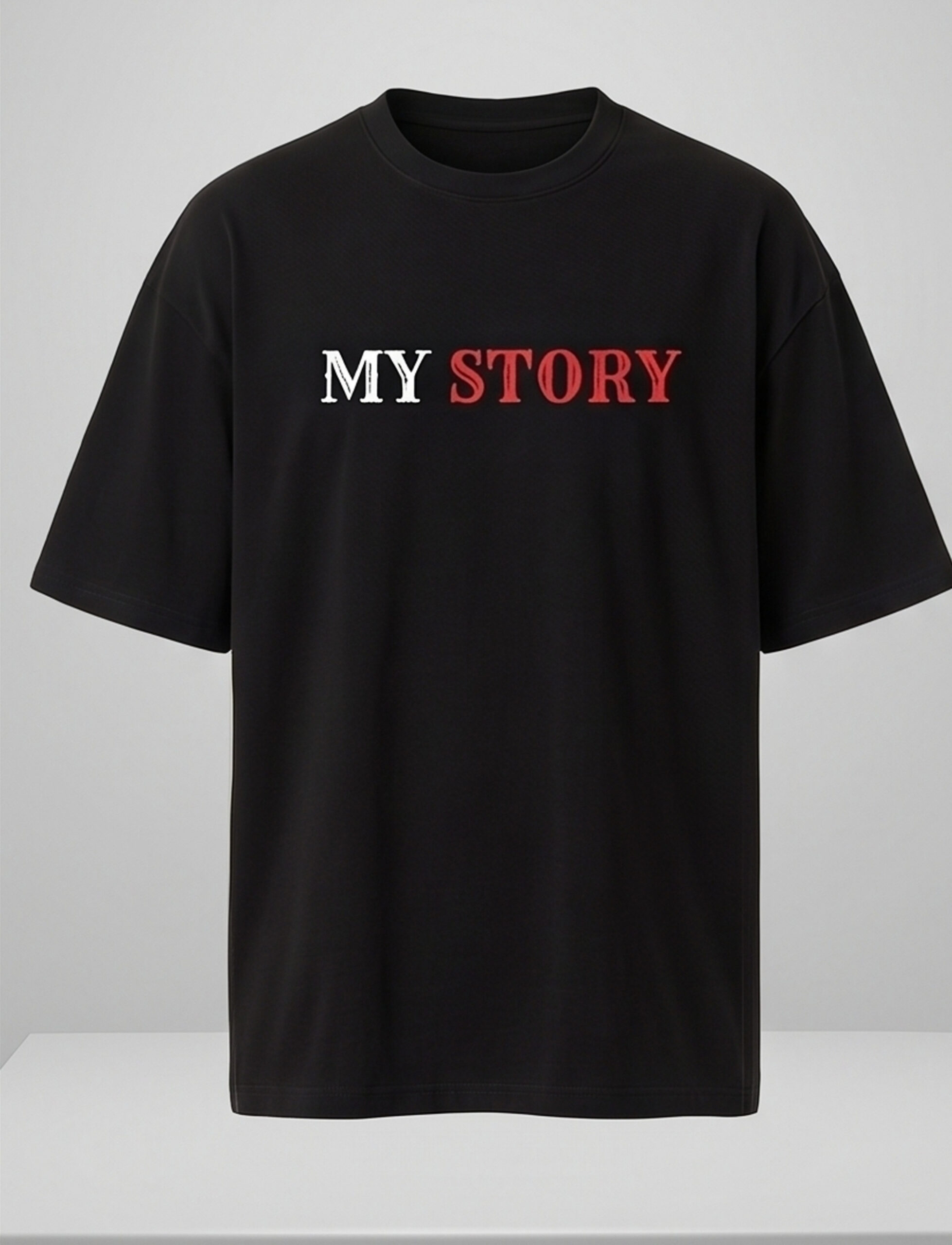 Man wearing a black oversized streetwear T-shirt with 'Scary Story' printed on the back in white and red text.