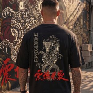 Indian model wearing Navalook black dragon oversized t-shirt