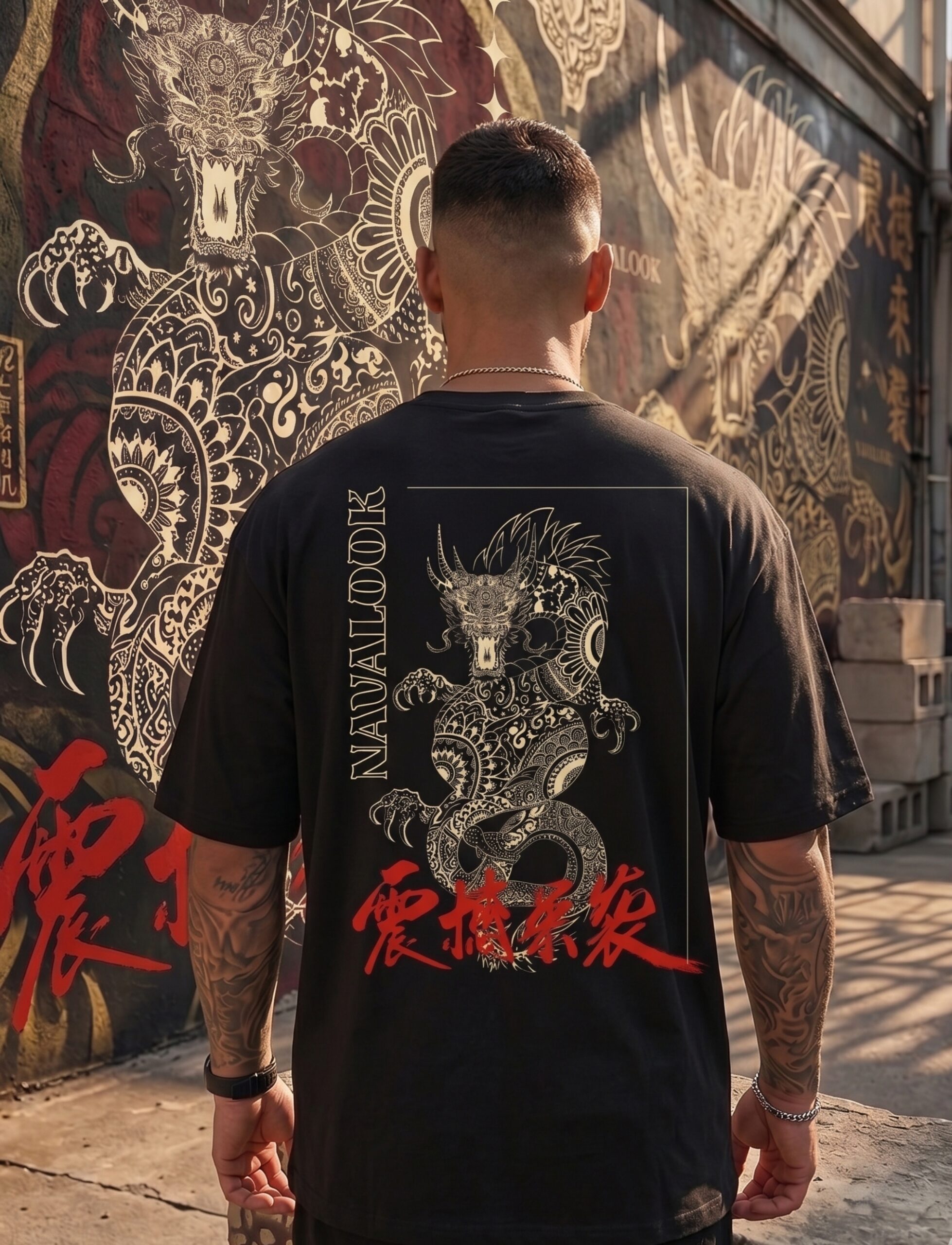 Indian model wearing Navalook black dragon oversized t-shirt
