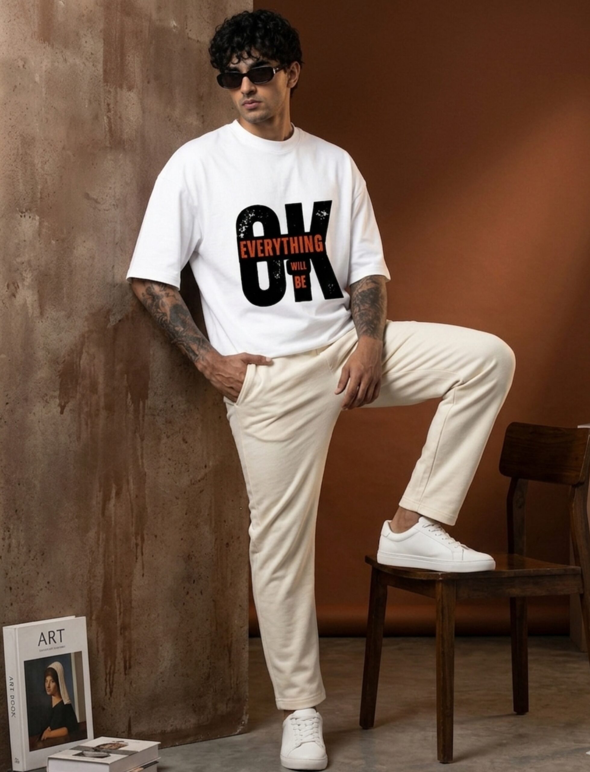 Everything Will Be OK oversized graphic t-shirt front view men Navalook