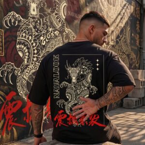 Indian model wearing Navalook black dragon oversized t-shirt