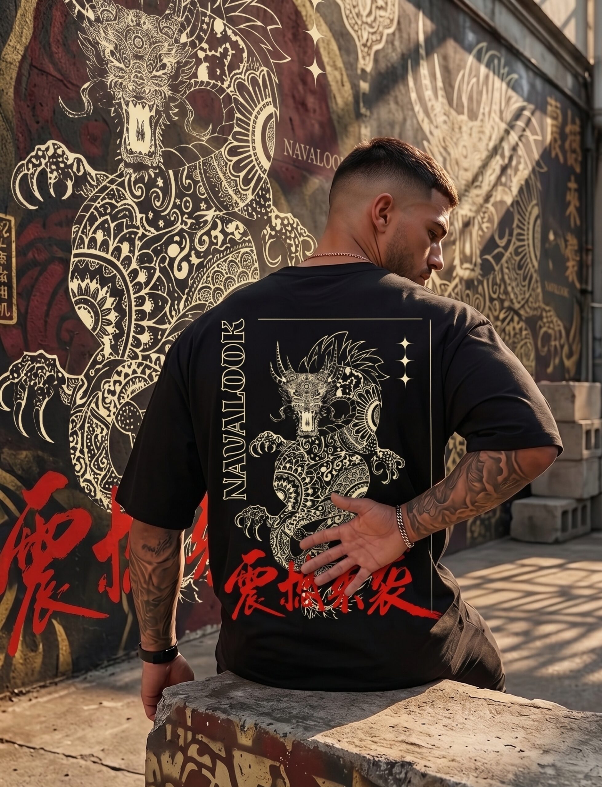 Indian model wearing Navalook black dragon oversized t-shirt