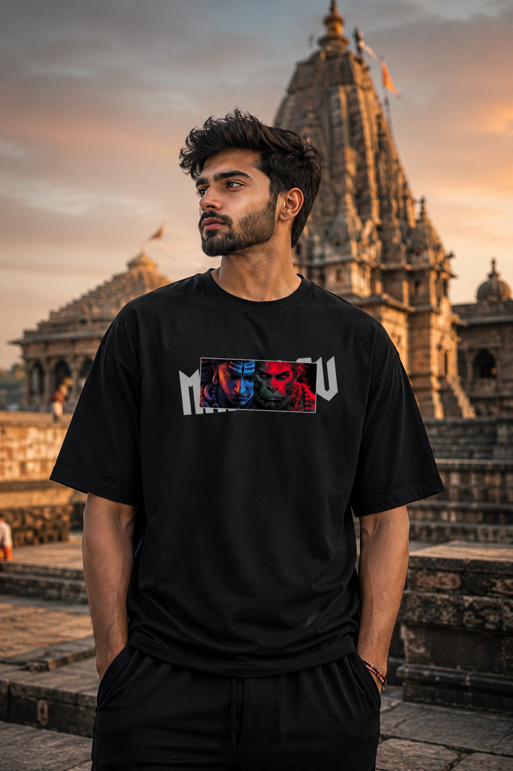 MAHADEV oversized black graphic t-shirt by Navalook worn at Himalayan temple – mythology streetwear India