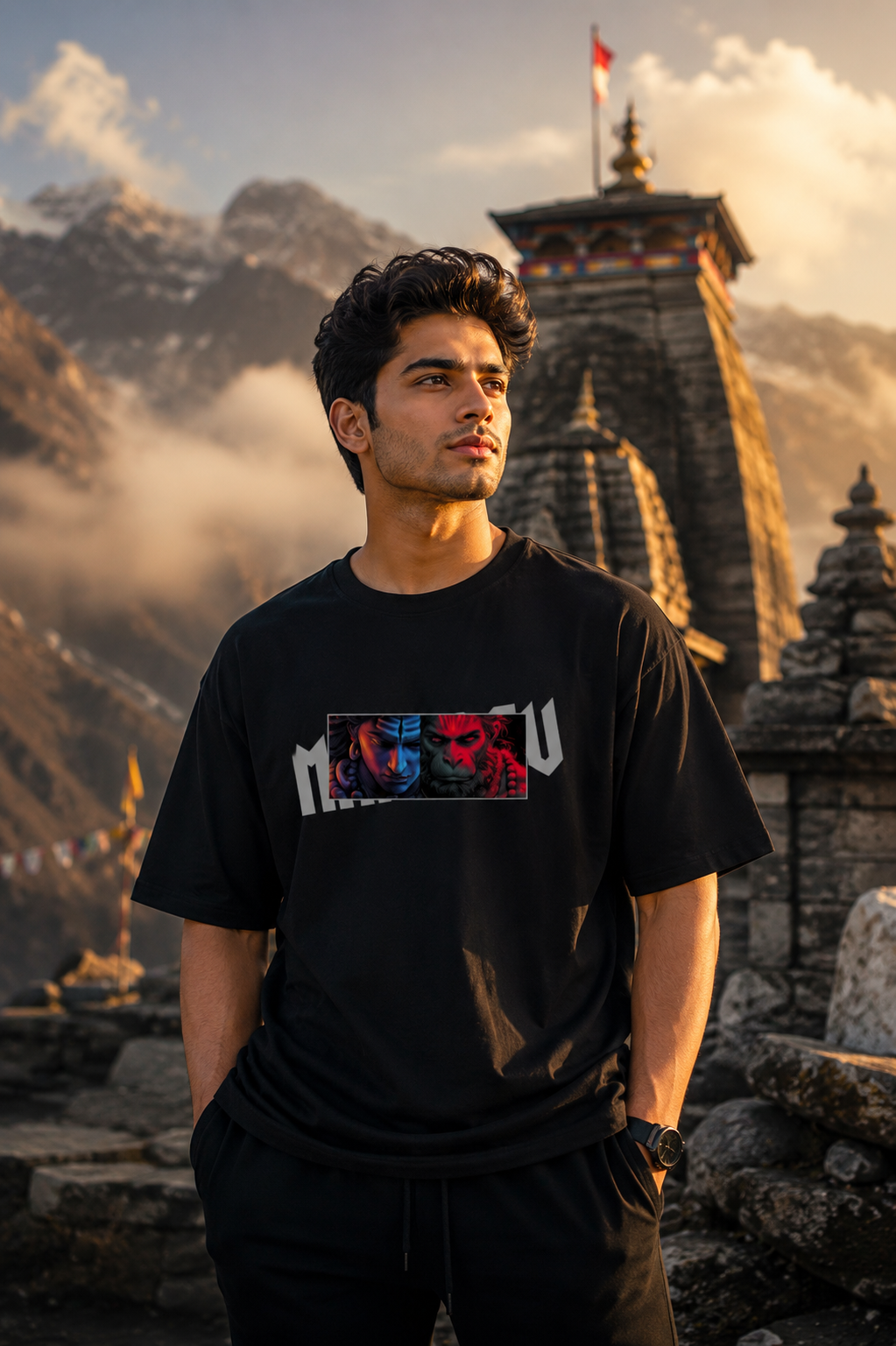 MAHADEV oversized black graphic t-shirt by Navalook worn at Himalayan temple – mythology streetwear India