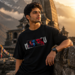 MAHADEV oversized black graphic t-shirt by Navalook worn at Himalayan temple – mythology streetwear India