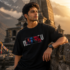 MAHADEV oversized black graphic t-shirt by Navalook worn at Himalayan temple – mythology streetwear India