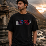 MAHADEV oversized black graphic t-shirt by Navalook worn at Himalayan temple – mythology streetwear India