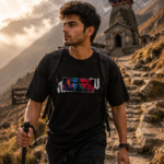 MAHADEV oversized black graphic t-shirt by Navalook worn at Himalayan temple – mythology streetwear India