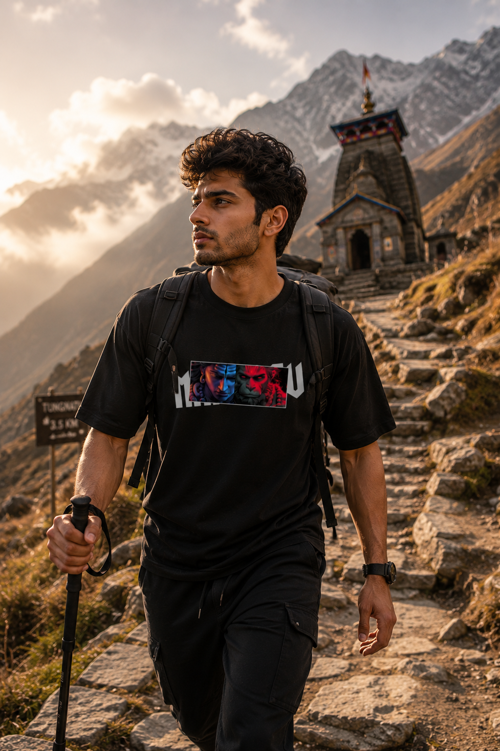 MAHADEV oversized black graphic t-shirt by Navalook worn at Himalayan temple – mythology streetwear India