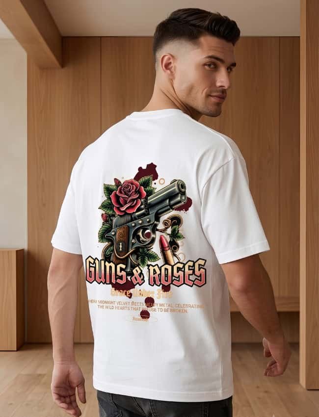 Oversized graphic tee India - Grace Under Fire rose and revolver print by Navalook
