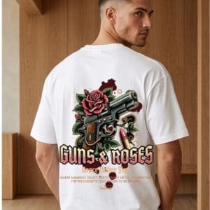Oversized graphic tee India - Grace Under Fire rose and revolver print by Navalook