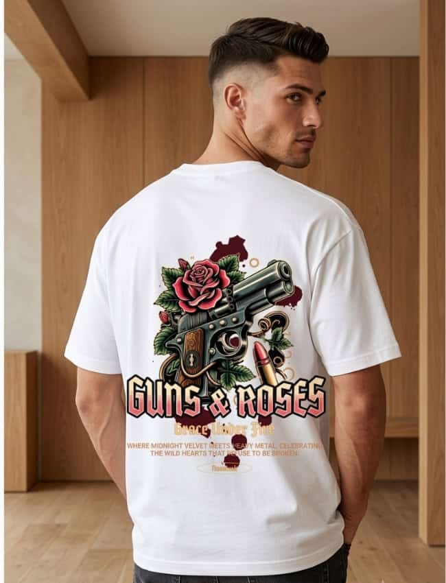 Oversized graphic tee India - Grace Under Fire rose and revolver print by Navalook